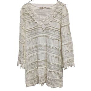 Indigo Thread Womens Tunic Top Large White Lace Crochet Flare Sleeve Fairy BOHO